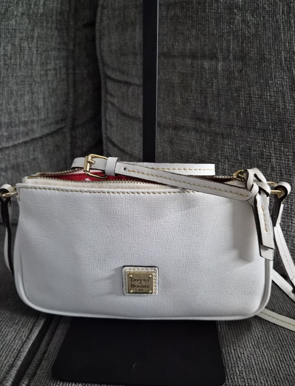 Dooney & Bourke White Crossbody with Gold Hardware and Red Interior Peek